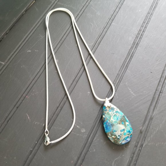 Blue & Silver Pendant with 925 Bail on Silver Chain 24" - Picture 4 of 13